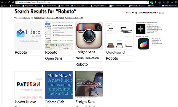 example screenshot from fontsinuse.com with samples of sites/apps using Roboto as their font